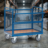 Carro de plataforma de malla de alambre de alta resistencia con recubrimiento de polvo azul, carrito de acero con cesta, carro de mano de cuatro ruedas para almacenamiento, material industrial