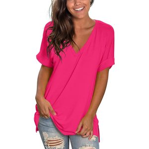 Camiseta de Cuello en V para Mujer, Casual, Manga Corta Enrollada, Abertura Lateral, Corte Holgado, Top de Verano, 100% Algodón Jersey - Product Image 2