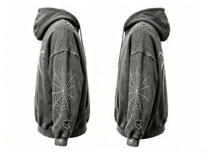 Sudadera con Capucha Vintage Lavada y Desgastada con Diseño de Araña, 100% Algodón Felpa, con <span class=keywords><strong>Detalles</strong></span> Rotos, Sudadera Pesada Estilo Urbano para Hombre - Product Image 4