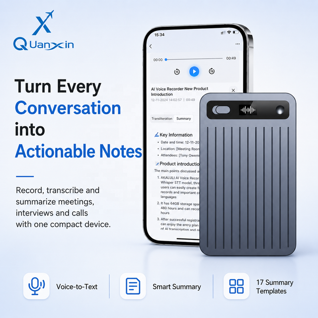 Portable AI Voice Recorder with Voice-to-Text Smart Summary and 17 Templates for Meetings Interviews and Lectures