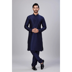 Kurta droit en soie dupion bleu marine uni avec churidar, tenue ethnique élégante pour les occasions festives et traditionnelles - Product Image 1