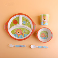 Ensemble de vaisselle pour enfants en fibre de bambou avec motif de dessin animé d'animaux mignons, bol, assiette, tasse, cuillère, fourchette