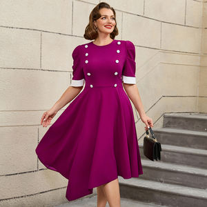 AM050220 <span class=keywords><strong>Abito</strong></span> Casual da Donna <span class=keywords><strong>Estivo</strong></span> Viola con Colletto Tondo, Maniche a Sbuffo, <span class=keywords><strong>Doppiopetto</strong></span> e Gonna Plissettata a Lunghezza Media - Product Image 1