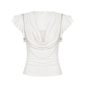 Elegant Lace Strapless Knitted Digital Printing Chain Detail <b>Flutter</b> <b>Sleeve</b> <b>Top</b> for Women Casual Blouse - Product Image 6