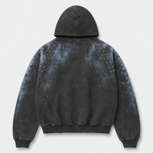 เสื้อฮู้ดดี้สีดำลายกราฟฟิตีสไตล์วินเทจ ล้างสีแบบแอซิด ทรงครอป แต่งหมุดโลหะ ลายกราฟิก ปลายแขนเสื้อแบบดิสเทรส ทรงบ็อกซี่ สตรีทแวร์ เสื้อฮู้ดดี้ผู้ชายแบบสั่งทำพิเศษ - Product Image 2