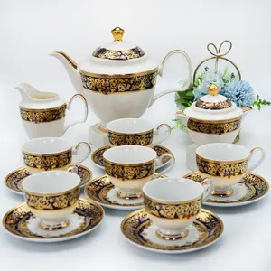 Juego de 17 piezas de té de cerámica de estilo clásico lujoso, Juego de vasos de porcelana dorada para té de la tarde, 6 personas
