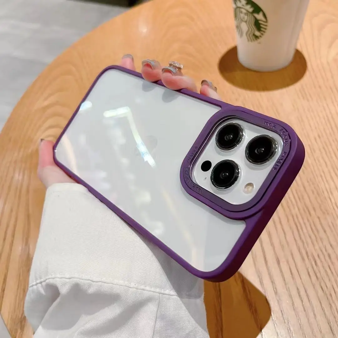 Luxury metal camera hole transparent acrylic shockproof mobile cell phone bags cases for iPhone 14 13 12 11 Pro Max purple case