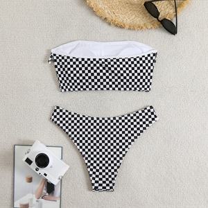 ชุดบิกินี่มินิสำหรับผู้หญิง ชุดว่ายน้ำลำลองสองชิ้น ลายพิมพ์สีน้ำตาล ชุดว่ายน้ำแบบดันทรง - Product Image 4