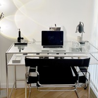 Bureau d'ordinateur moderne de luxe en acier inoxydable et verre trempé, table de bureau simple et ancienne à double moteur pour l'écriture à domicile, cosmétiques