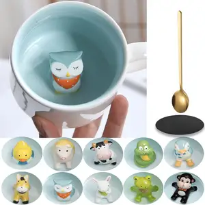 Tazas de café de cerámica blanca con dibujos animados para niños, bonitas tazas de café Kawaii con figuras de animales en 3d, 400ml, venta al por mayor