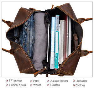 Sac de voyage week-end en cuir véritable artisanal rétro marron pour homme TIDING DropShipping avec fermeture à glissière, taille cabine - Product Image 5