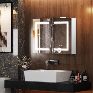 Miroir de salle de bain SENYU avec éclairage LED à 3 températures de couleur, dimmable, avec rangement, anti-buée, fixation murale, prise de courant intégrée - Product Image 2