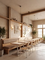 Ensembles table et chaises en bois massif personnalisables, style Wabi-sabi moderne et minimaliste, avec banquettes en bois à assise souple, pour cafés, salons de desserts et salons de thé.