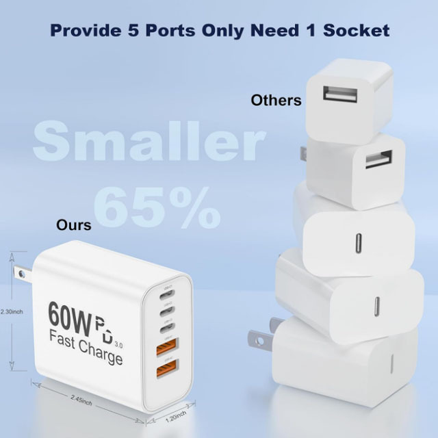 USB-C Charger Module 5-Port 60W Single Port Compatible with Apple and Android Universal Fast Charging Plug