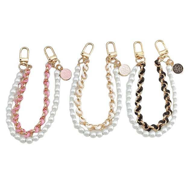 Elegant Pearl Wristlet Keychain Cute Pearls DIY Mobile Phones Chain Leather Strap Bag Cell Phone Charm Accessories Decoration