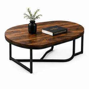 Contemporary Oval <b>Coffee</b> <b>Table</b> <b>Walnut</b> Wood Top with Sleek Black Metal Base for Living Room Lounge Furniture - Product Image 1