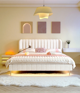 Lit de style nordique moderne en cuir de luxe léger, écologique, taille Queen/King, couleur crème, pour chambre principale - Product Image 2
