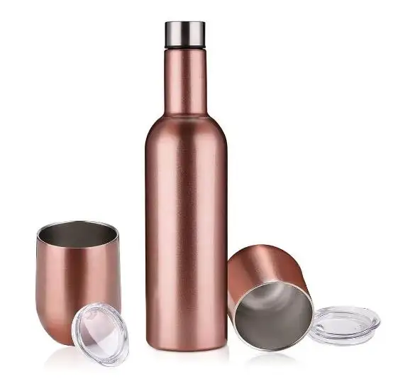 Bottiglia di vino isolata bicchieri da 12 once Set regalo in oro rosa refrigeratore per vino per gli amanti del vino bicchieri in acciaio inossidabile