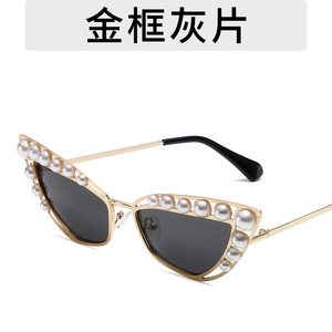 Gafas de Sol de Moda 8071, Diseño Moderno y Popular, Logotipo Personalizado, Gafas de Sol Triangulares con Ojo de Gato, Decoradas con Perlas Grandes, Montura Metálica - Product Image 3