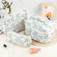 Nouvelle tendance de la mode 3 pièces coton matelassé trousse de maquillage bleu Floral voyage grand petit sac cosmétique ensemble mignon pochette de maquillage Portable Toil