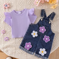 Ensemble T-shirt côtelé violet à manches volantées et short en jean brodé floral pour filles - Tenue d'été