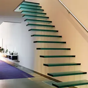 Escalera flotante de vidrio templado transparente de lujo moderno con miras LED