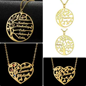 Personalised Customized 1 to 6 Name Heart Tree of Life Necklace 18k Gold Plated Stainless Steel Custom Name Family Tree Necklace