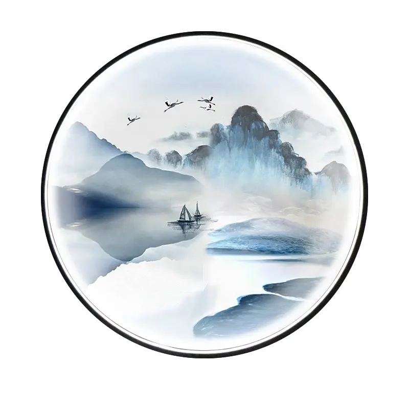 WY2110001-D HY Chinese Ink Landscape Painting Circular Wall Painting Round Solid Wood Frame with LED Light Decorative Picture