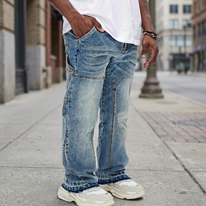 High Quality Custom Breathable <b>Vintage</b> Light Wash Mid Waist Lightweight <b>Flare</b> <b>Jeans</b> Men Streetwear Hip Hop Style Cotton Denim - Product Image 4