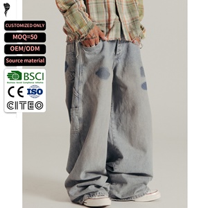 Custom Men <b>Light</b> Blue Washed Patch Wide Leg Carpenter Jeans Loose Baggy Denim Pants Vintage Streetwear <b>Trousers</b> - Product Image 1