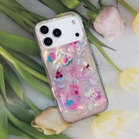Coque de téléphone holographique irisée avec joli nœud, papillons et fleurs, grande fenêtre de protection pour iPhone 17 Samsung Redmi