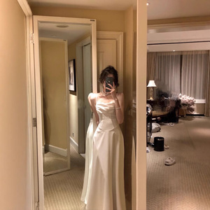 White Spaghetti Strap Satin Dress Sweetheart Neckline Natural Waist Evening Gown For Birthday Party - Product Image 4