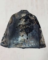 Jaket Cardigan V-Neck Men Boro Sashiko dengan Cetakan Tie Dye Gradasi Warna Bumi, Pinggiran Raw Edge, Dua Kantong, Model Longgar, Streetwear, Outerwear