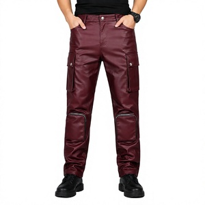 Pantalones Casuales de Cuero Genuino para Hombre, Color Borgoña, Corte Ajustado, Múltiples Bolsillos, Estilo Motociclista, Punk, Hip Hop, Tácticos - Product Image 1