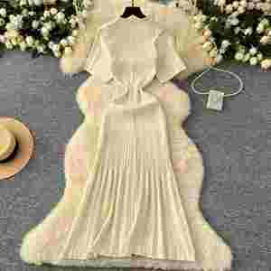 Vestido Midi de Punto con Cuello Redondo para Mujer, Verano 2024, Vestido Corto de Encaje con Manga Corta, Color Negro y Blanco - Product Image 4