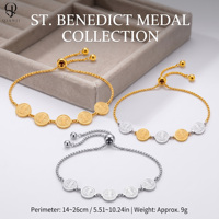 Bracelet Médaille Saint Benoît en Acier Inoxydable avec 5 Breloques Pièces de Monnaie, Chaîne Réglable, Vente en Gros Usine, Cadeau
