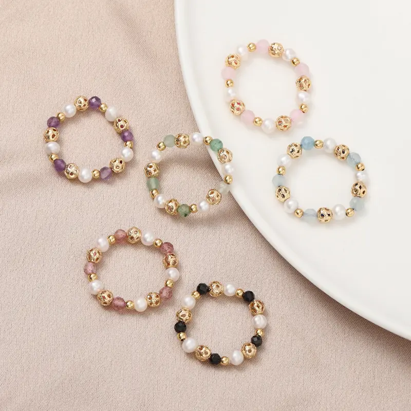 À la mode bon prix perlé Stretch anneau ensemble cristal perle arc-en-ciel pour les filles Opp sac or bague de fiançailles bijoux anneaux