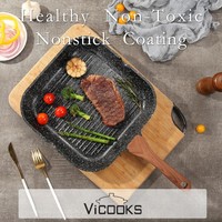 Wajan Panggang BBQ Anti Lengket, Wajan Datar Aluminium untuk Luar Ruangan, untuk Steak Daging, Wajan Penggorengan Persegi dengan Tutup