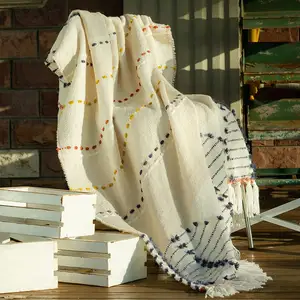 Couverture tricotée de ferme Boho, tissée à rayures, avec pompons, texture confortable et légère, pour la maison, nouvelle collection printemps