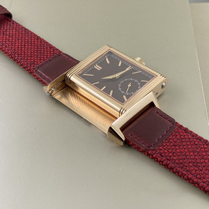 Montre vintage pour femme, rectangulaire, double face, cadran bordeaux, avec petite seconde, bracelet en cuir, montre élégante pour robe - Product Image 4