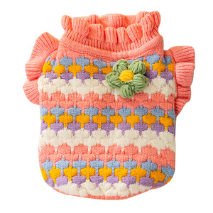 Suéter de punto a rayas con flores en 3D para perros y gatos, chaleco cálido, ropa bonita para mascotas, Material de poliéster para otoño e invierno, cuatro estaciones - Product Image 5