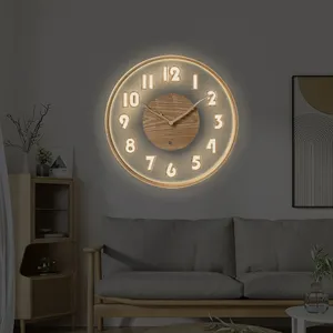 Jam dinding desain asli baru 2024 jam dinding lampu led kayu mewah akrilik Sederhana Nordik menyala dalam gelap kustom