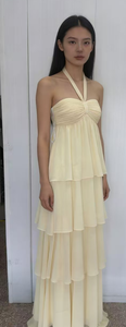 Elegantes, gerafftes Maxikleid aus Chiffon mit natürlicher Taille, schulterfreiem Ausschnitt und Stufenrock – Bequemes, langes Abendkleid für Damen - Product Image 5