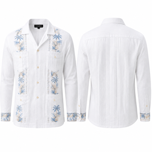 Camisas Guayaberas para Hombre, Manga Larga, Cuello Cubano, Algodón y Lino, Bordadas, 4 Bolsillos, Camisa de Playa, Logotipo Personalizado - Product Image 3