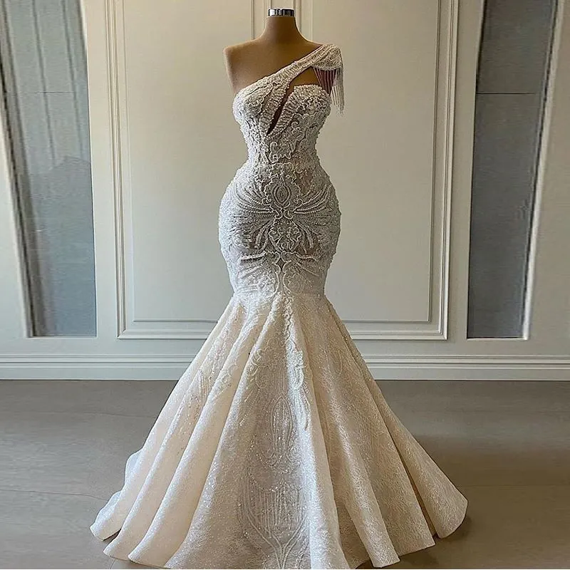 ON474 One Shoulder Mermaid Wedding Dresses Beaded Crystal Lace Applique Tassel Bridal Gown for Wedding Party