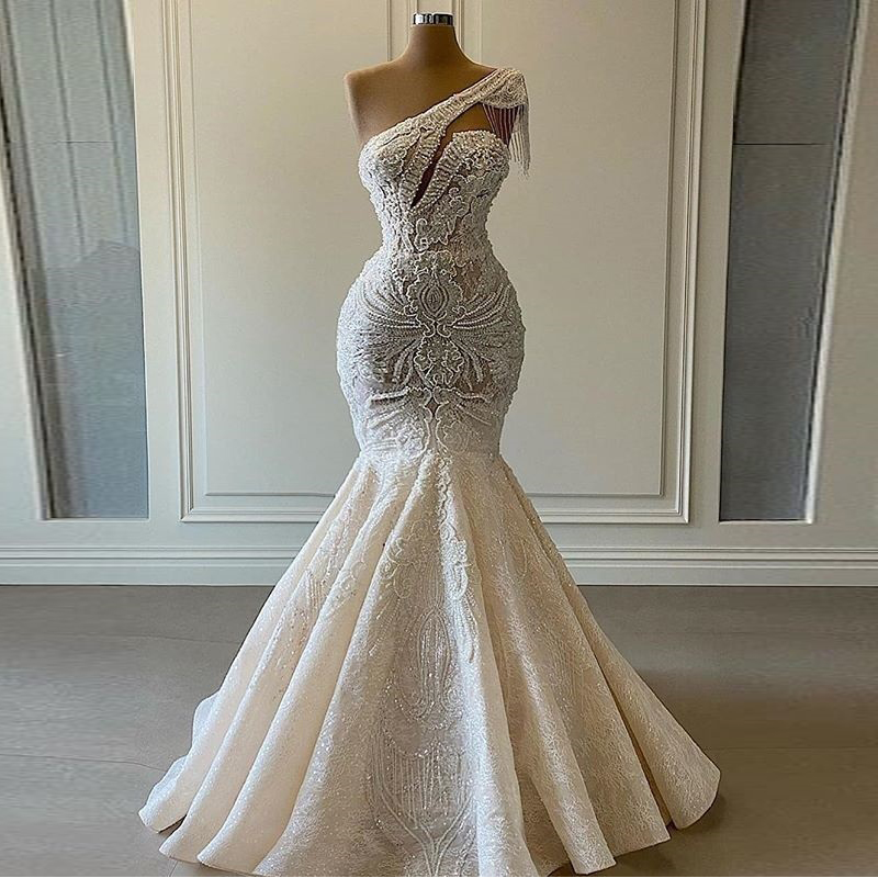 ON474 One Shoulder Mermaid Wedding Dresses with Beaded Lace Applique