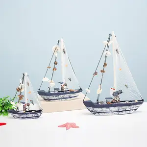 Mediterranean Style Home Decoration Wooden Accessories Blue and White Shell Yacht Old Style Handicraft Gift Ornaments