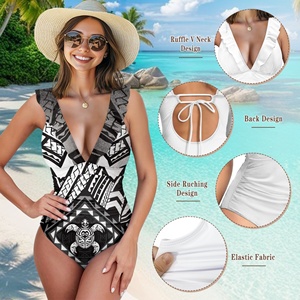 Traje de Baño de una Pieza con Estampado Tribal Hawaiano Maorí, Cuello en V con Volantes, Estampado Geométrico de Tortuga en Blanco y Negro para Mujer - Product Image 6
