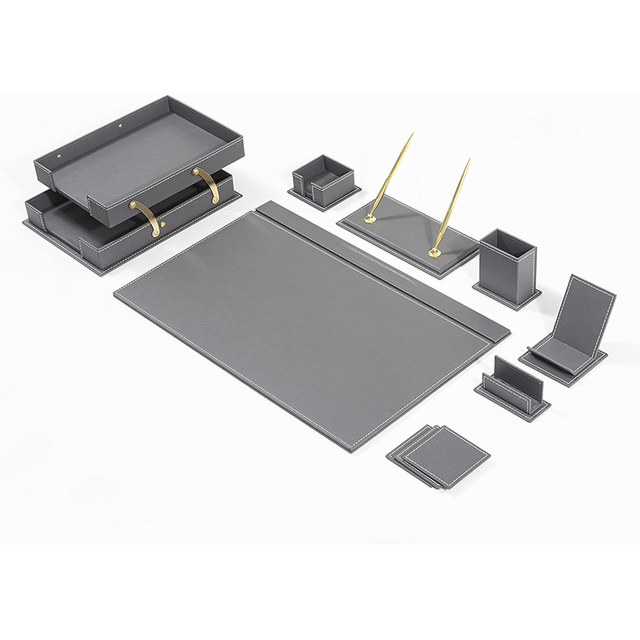 Luxury 12 Pieces Gray PU Leather Business Desk Mat Stationery Organizer Set Office Desktop Accessories Set