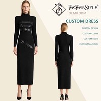 Punk Rollkragen-Kleid mit PU-Riemen-Dekor, Figurbetontes Midikleid für Damen, Einfarbiges Langarm-Strickkleid im Punk-Stil für Nachtclubs, Großhandel